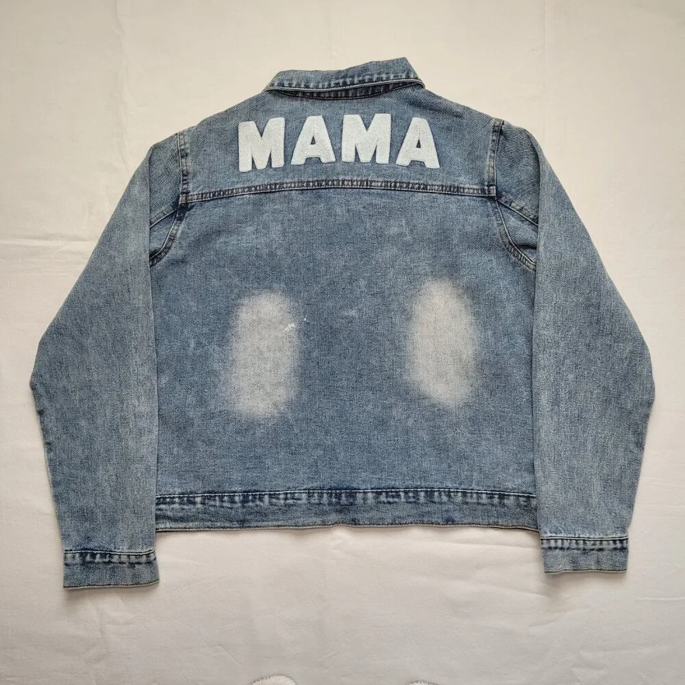 Patpat Mama Distressed Denim Jean Jacket Medium Light Wash Streetwear - Picture 2 of 14